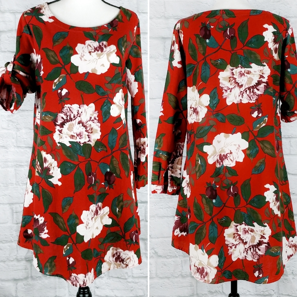 YUZAO Red Floral Rose Shift Dress w/ Long Sleeves
